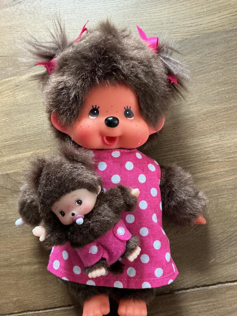 Monchhichi met mini Monchhichi roze wit, Ophalen of Verzenden, Zo goed als nieuw