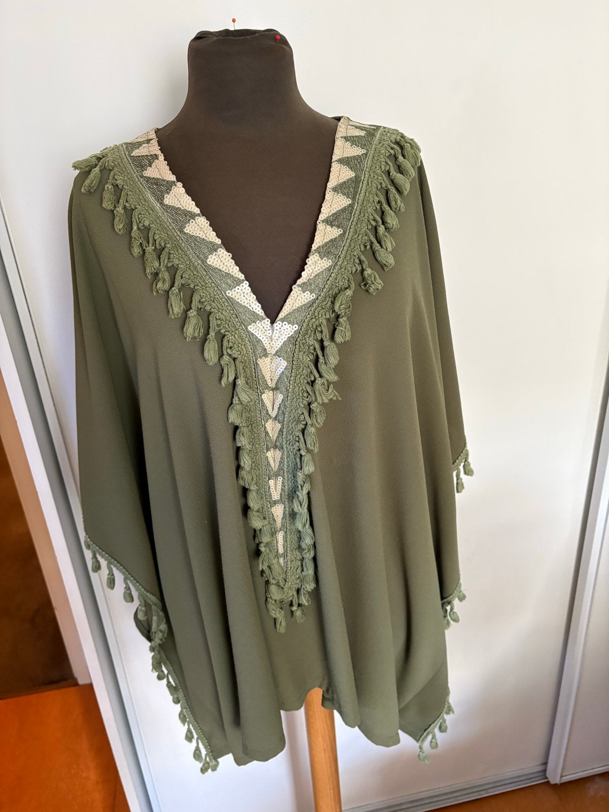 My Story Tuniek Blouse Groen Beige met Borduur & Franjes, Kleding | Dames, Ophalen of Verzenden, Zo goed als nieuw, Maat 42/44 (L)