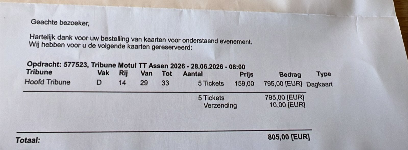 Dutch tt assen kaarten hoofdtribune, Tickets en Kaartjes, Twee personen
