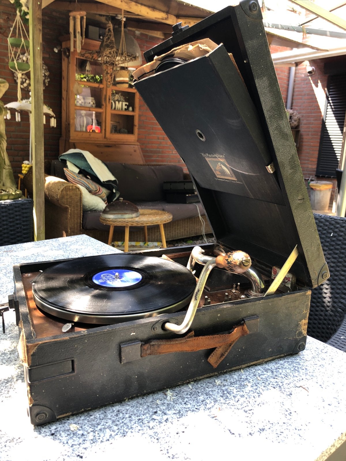 Antieke His Master's Voice Draagbare Platenspeler, Overige merken, Gebruikt, Pitch-regelaar, Ophalen of Verzenden