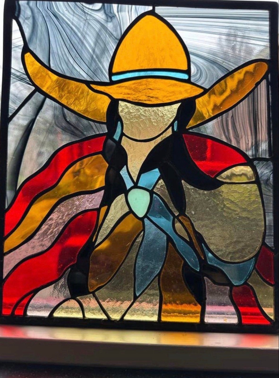 Uniek Glas-in-lood Kunstwerk: Vrouw met Hoed, Brandschildering, Abstract, Portret of Personen, Overige ondergronden