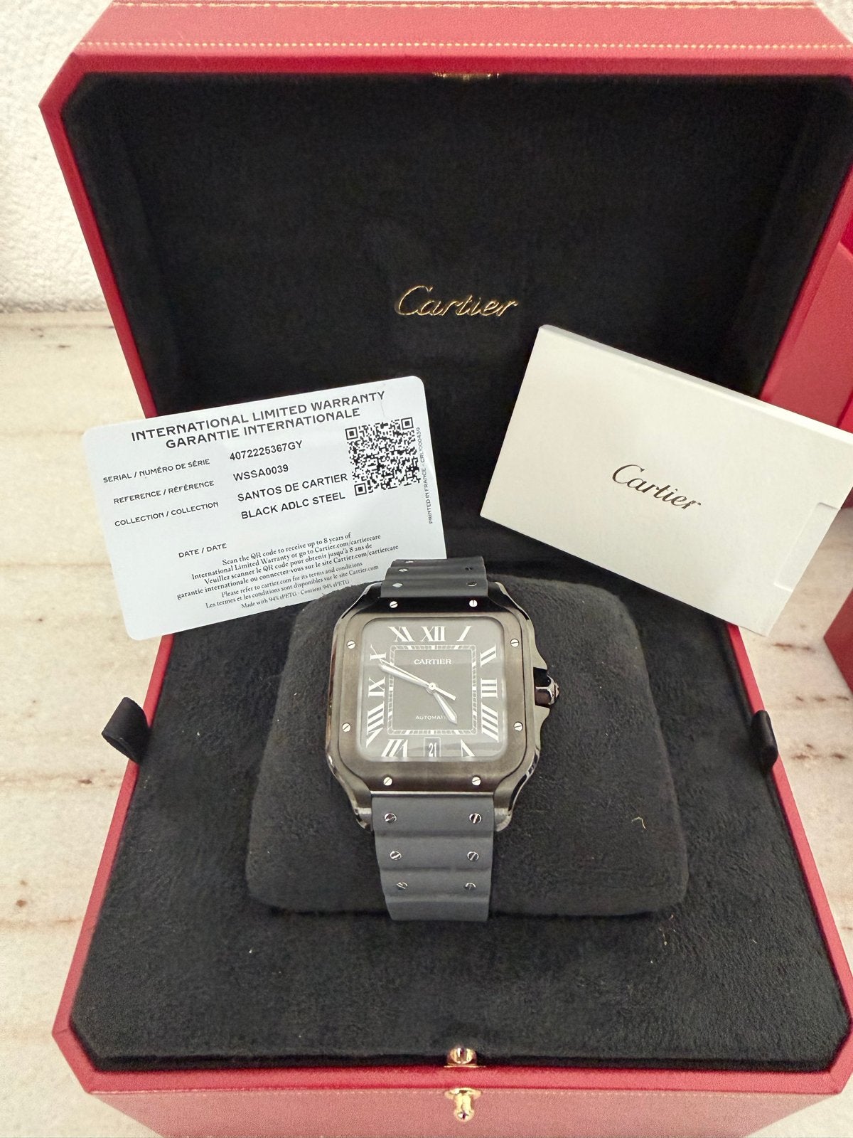 Santos de Cartier Black 2026 Carbon ADLC Steel Horloge, Staal, Polshorloge, Overige materialen, Zo goed als nieuw