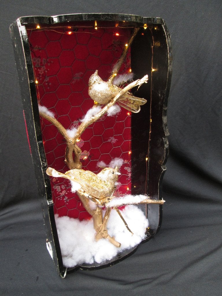 Kijkdoos Shadow Box met Vogels in de Sneeuw met Lichtjes, Ophalen, Nieuw
