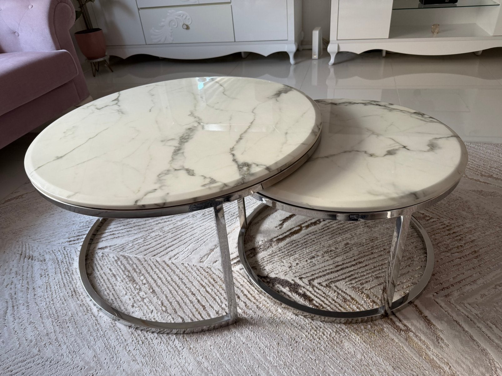 2-delige marmeren koffietafel, Huis en Inrichting, Tafels | Salontafels, Ophalen, Overige materialen, Rond, Minder dan 50 cm
