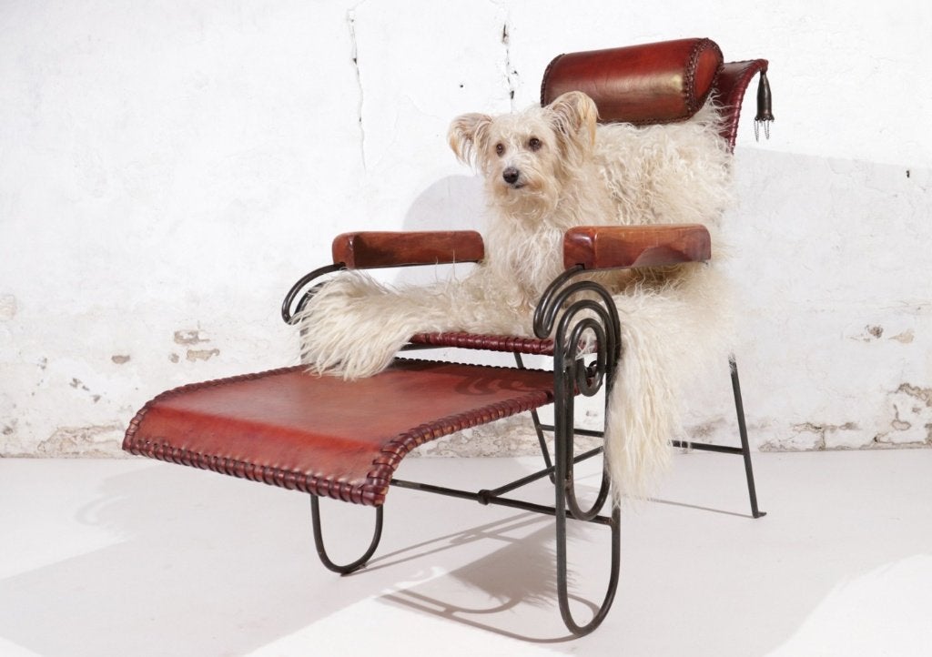 Franse art deco loungestoel smeedijzer en leer, Huis en Inrichting, Ophalen, Gebruikt, Art deco, 75 tot 100 cm