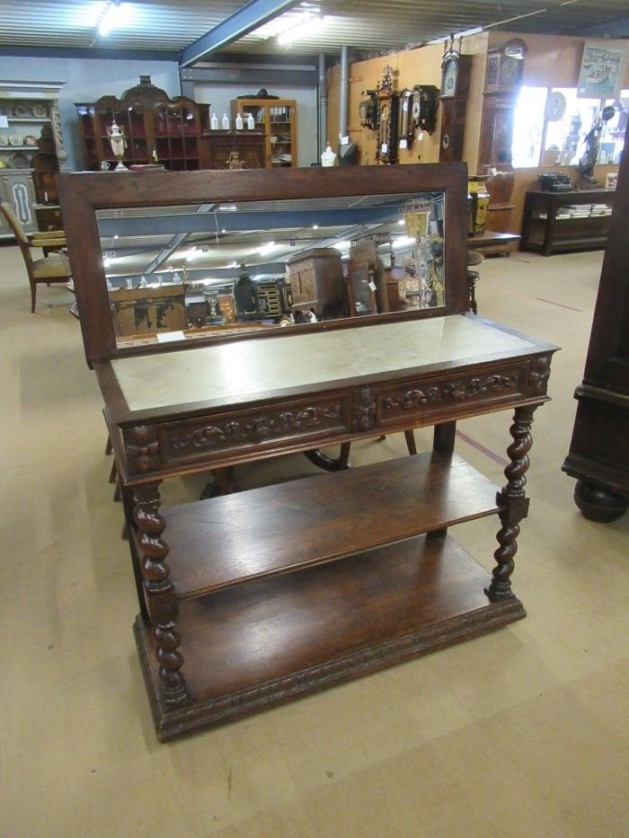 Oer 10601 antieke Franse wandtafel met spiegel en snijwerk, Ophalen