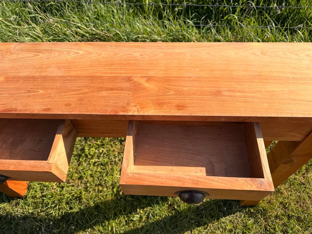 Teakhouten wandtafel met 2 laadjes Teakhouten sidetable, Huis en Inrichting, Tafels | Sidetables, Ophalen, Gebruikt, 100 tot 150 cm