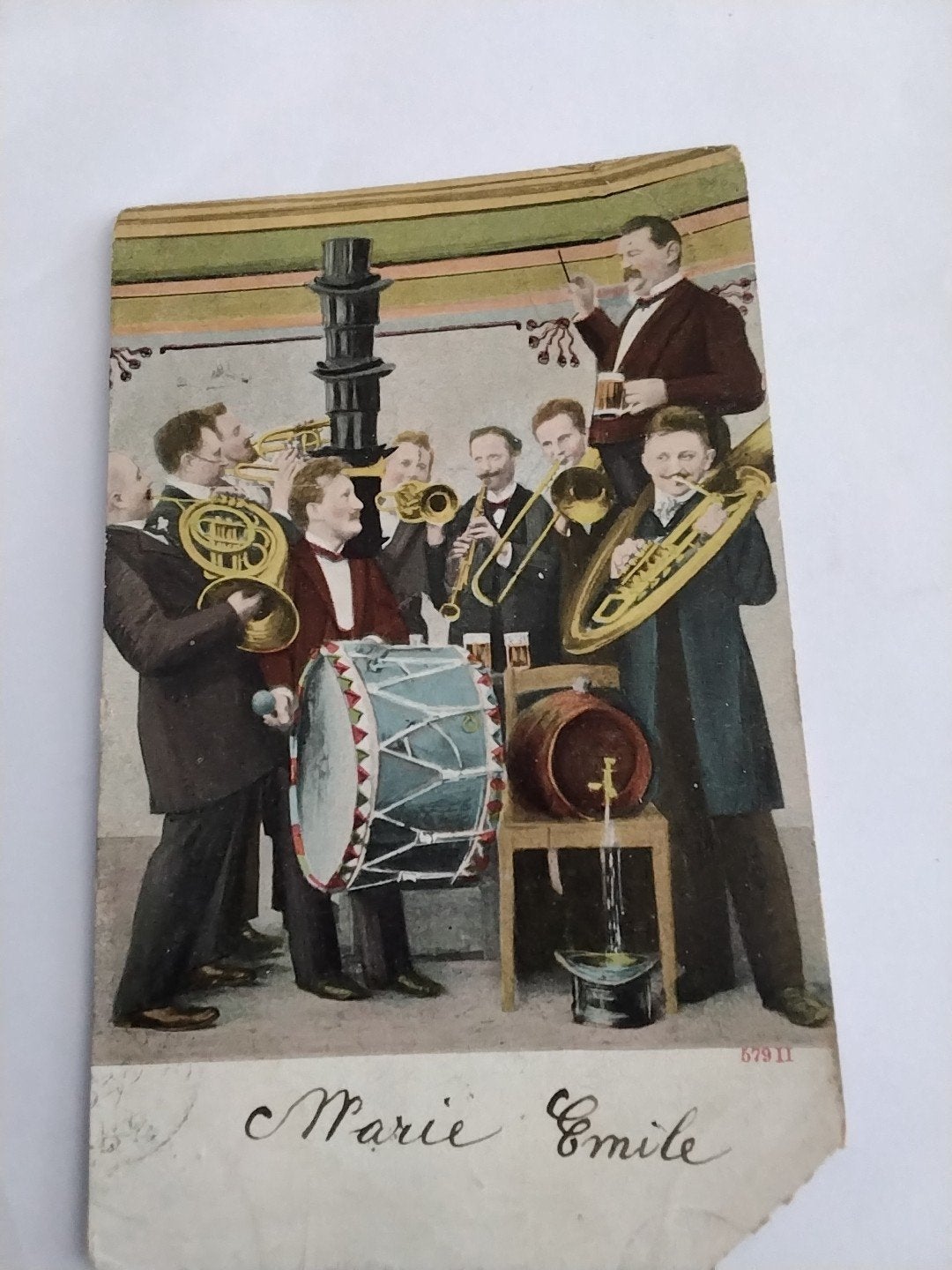 Oude ansichtkaart: Muziekband met bier, België, ca. 1900, Verzamelen, Ophalen of Verzenden, Voor 1920, Gelopen