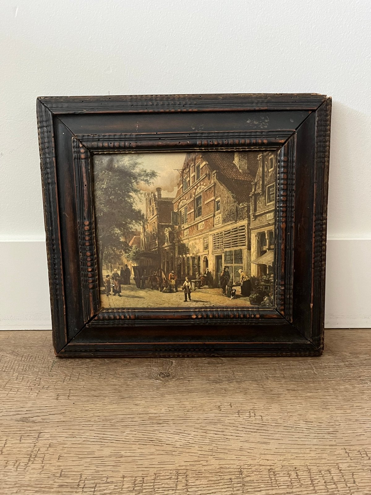 Oud Hollands Stadsgezicht Schilderij in Houten Lijst, Doek, Oud hollands, Ophalen of Verzenden, Olieverf