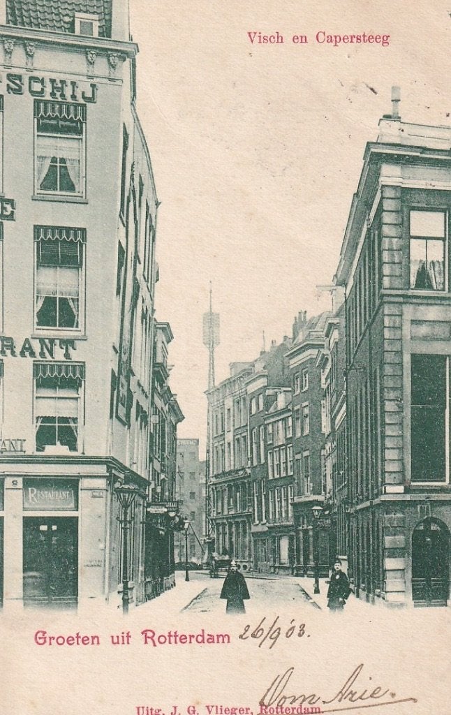 728V Rotterdam Visch en Capersteeg vanaf Beursplein. Vlieger, Ophalen of Verzenden, Voor 1920, Gelopen, Zuid-Holland