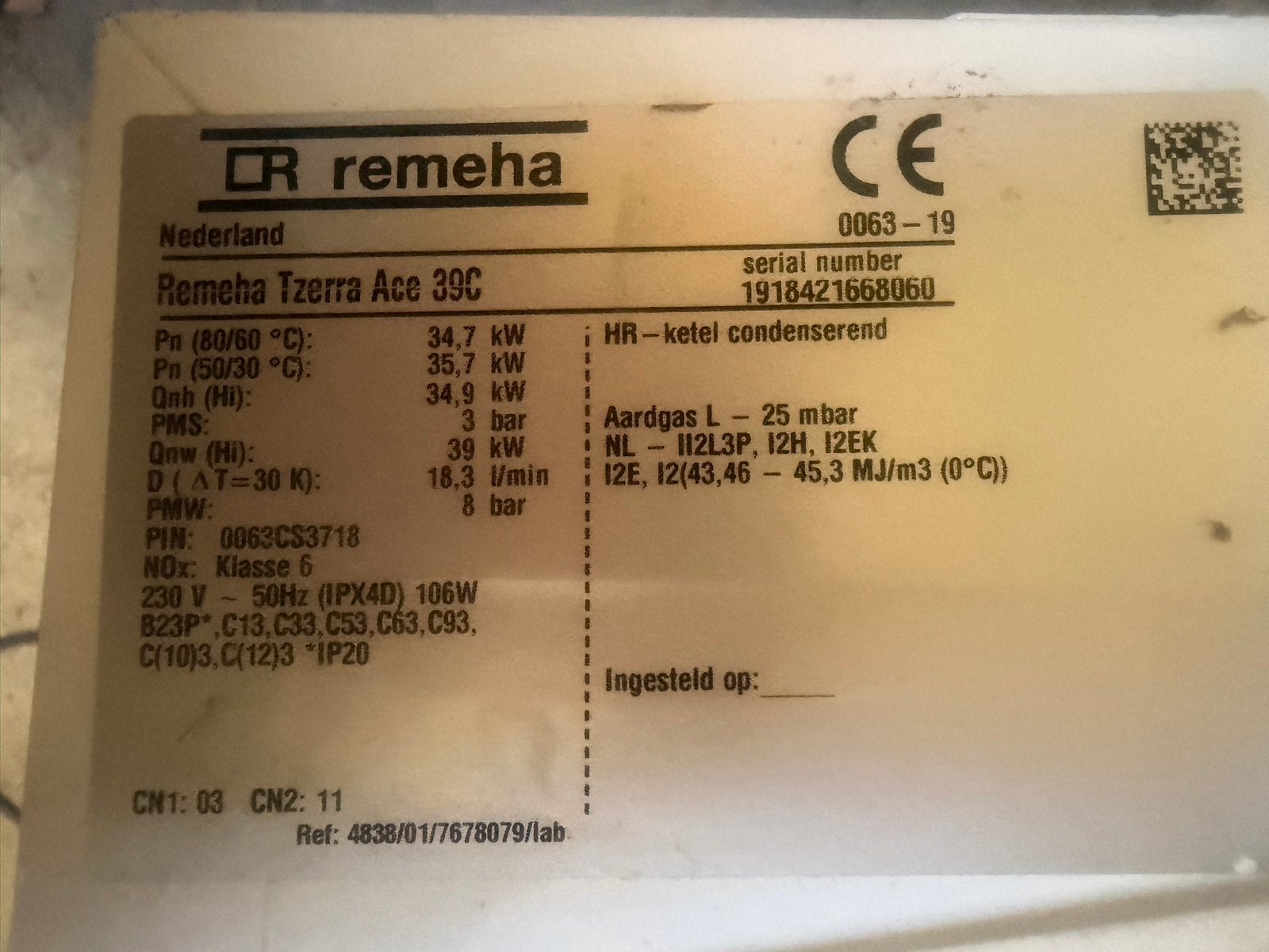 Remeha Tzerra Ace 39C CV-ketel - 6 jaar oud, goed onderhoude, Ophalen, Gebruikt, Hoog rendement (Hr), Cv-ketel of Combi-ketel