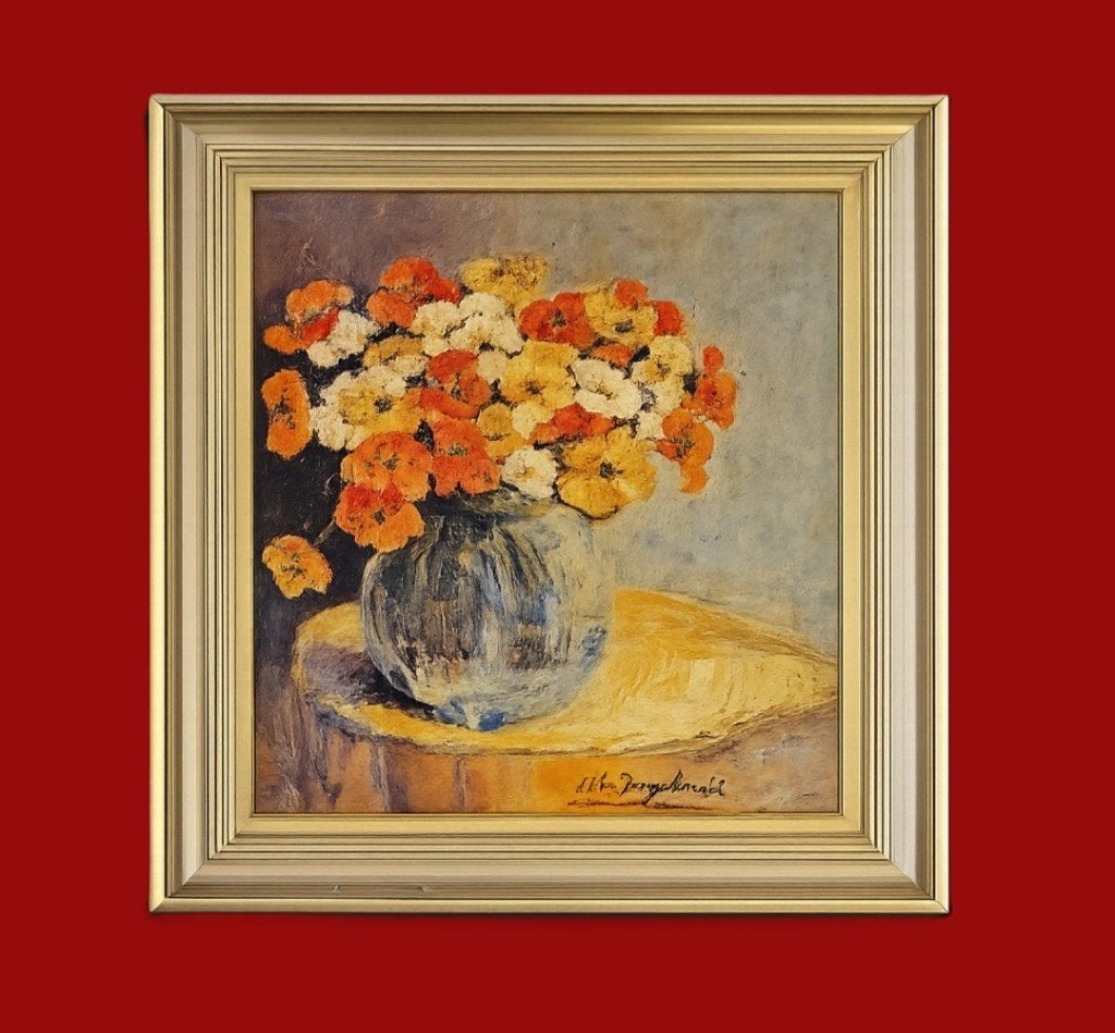 Bloemstilleven in vaas – Olieverf op paneel., Antiek en Kunst, Kunst | Schilderijen | Klassiek, Ophalen of Verzenden