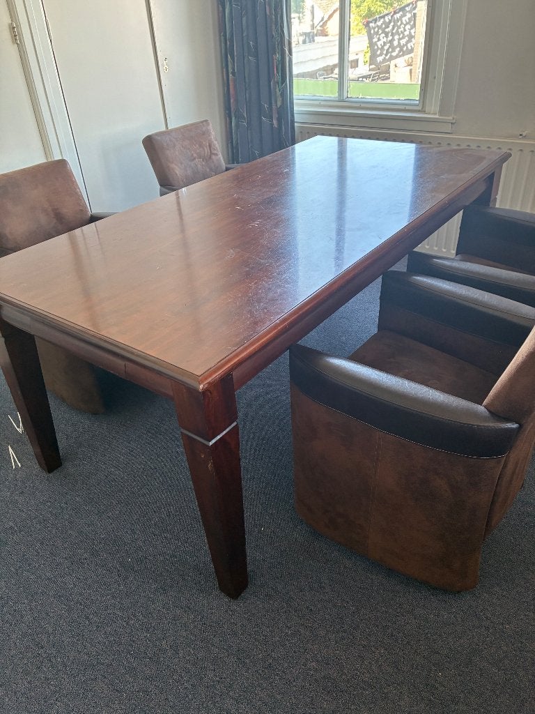 Eettafel met suède leren stoelen, Huis en Inrichting, Tafels | Eettafels, Ophalen, Overige materialen, Gebruikt, 200 cm of meer