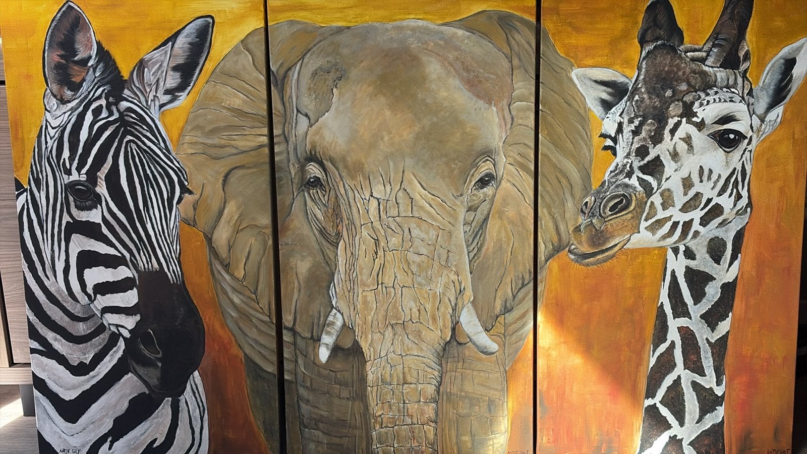 Drieluik Schilderij: Zebra, Olifant en Giraffe op Dik Canvas, Ophalen, Textiel, Op houten frame, Dieren