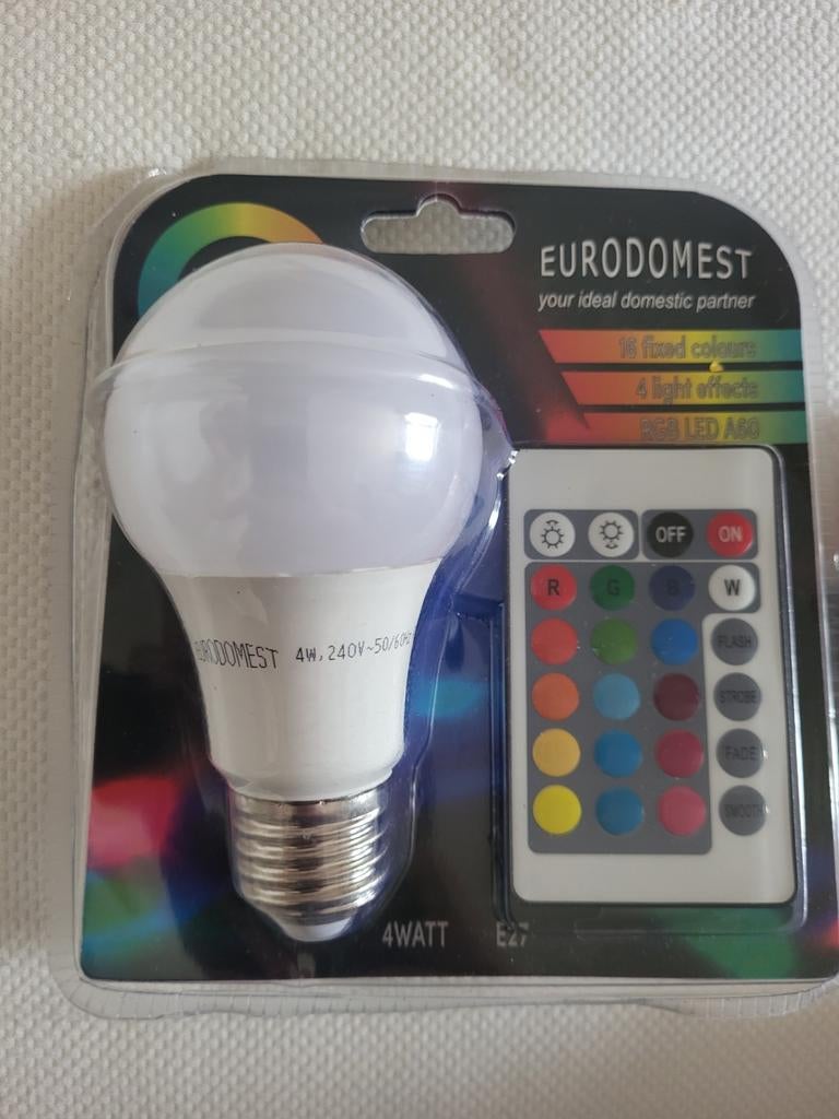 Eurodomest RGB LED Lamp E27 4W met Afstandsbediening, Ophalen of Verzenden, Nieuw, Modern, Sfeervol, Kleurrijk