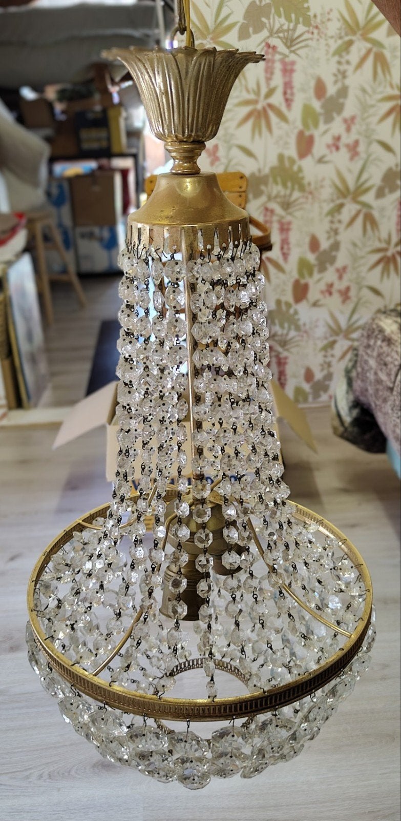 Franse Empire Stijl Kroonluchter - Sac à Perles, Ophalen, Gebruikt, E14 (klein), Glas