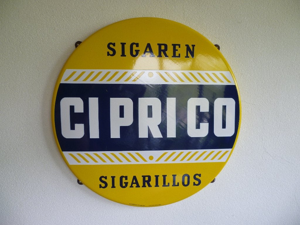 EMAILLE RECLAMEBORD"CIPRICO SIGAREN-SIGARILLOS"UIT 1958, Verzamelen, Ophalen of Verzenden, Gebruikt, Reclamebord