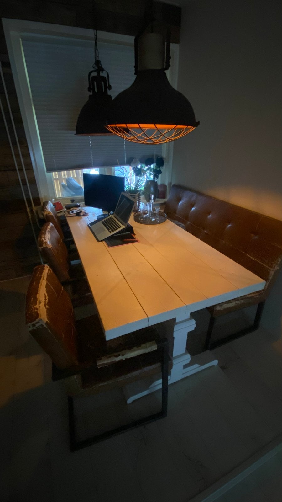 GRATIS Eetbank en stoelen set - Bruin leer met metalen frame, Huis en Inrichting, Ophalen, Gebruikt, Leer, Drie