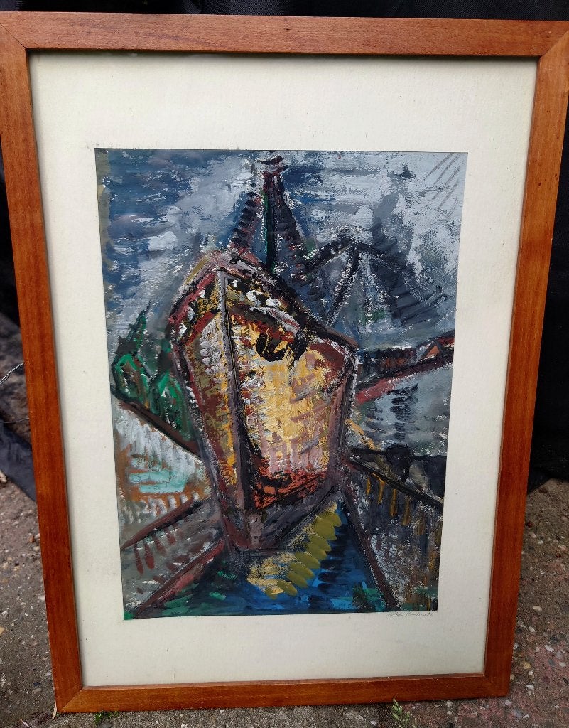 Hilde Brabants, Schip in haven ~1970, acryl op papier, Antiek en Kunst, Kunst | Schilderijen | Klassiek, Expressionistisch, Origineel werk