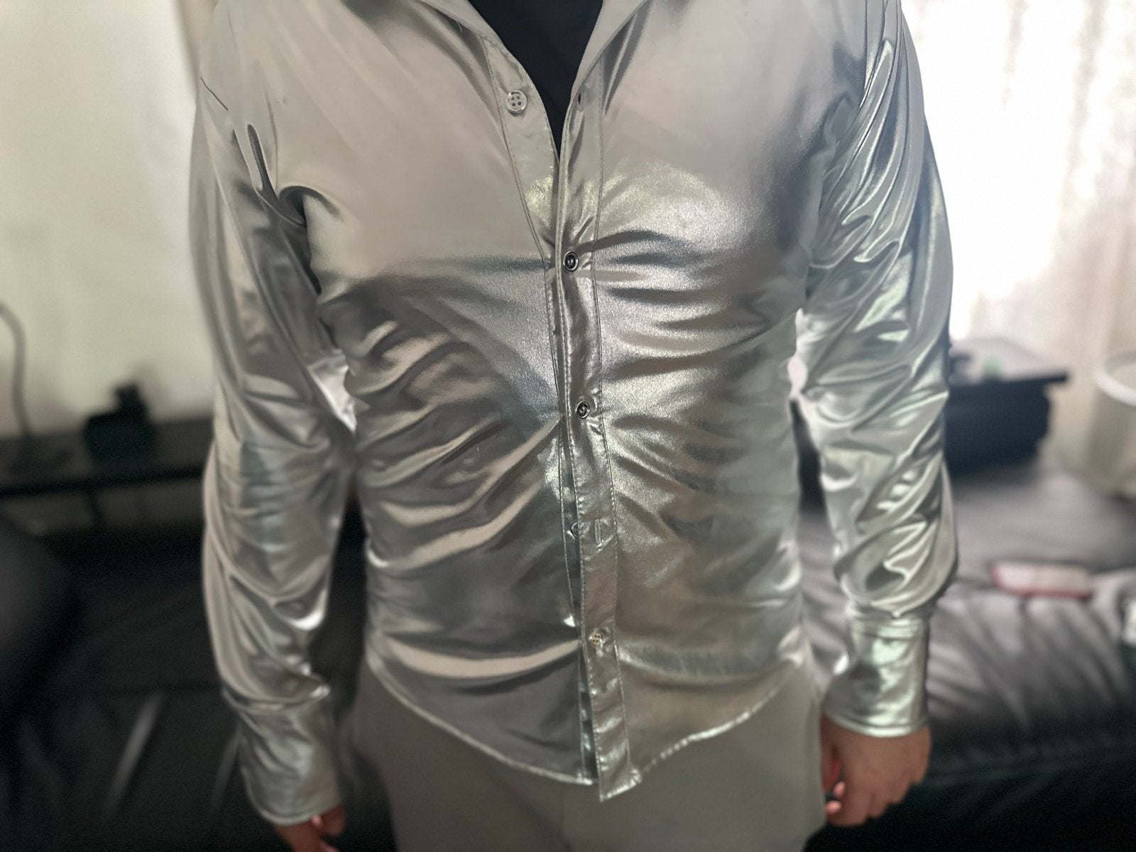 Zilverkleurig glimmend overhemd, Kleding | Heren, Ophalen of Verzenden, Zo goed als nieuw, Zilver, Overige halswijdtes