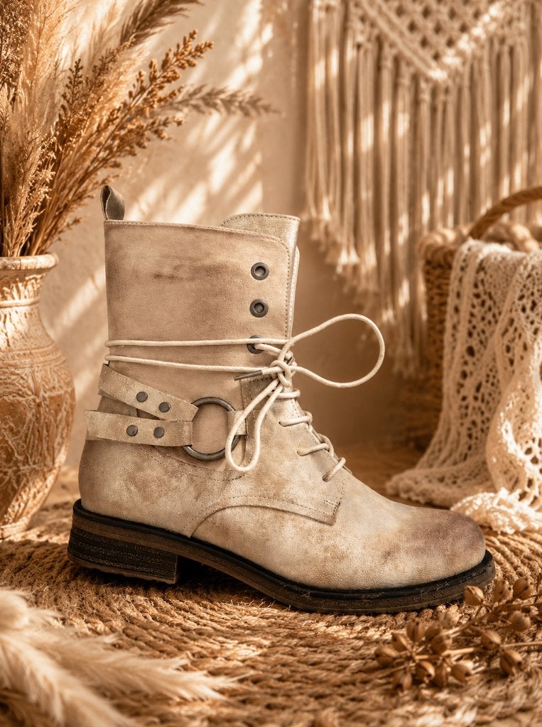 Beige Distressed Suedine Boho Biker Boots Maat 40, Beige, Lage of Enkellaarzen, Nieuw, Ophalen of Verzenden