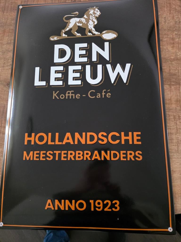 Emaille bolle bord Den Leeuw Koffie-Café 40x60 cm, Ophalen of Verzenden