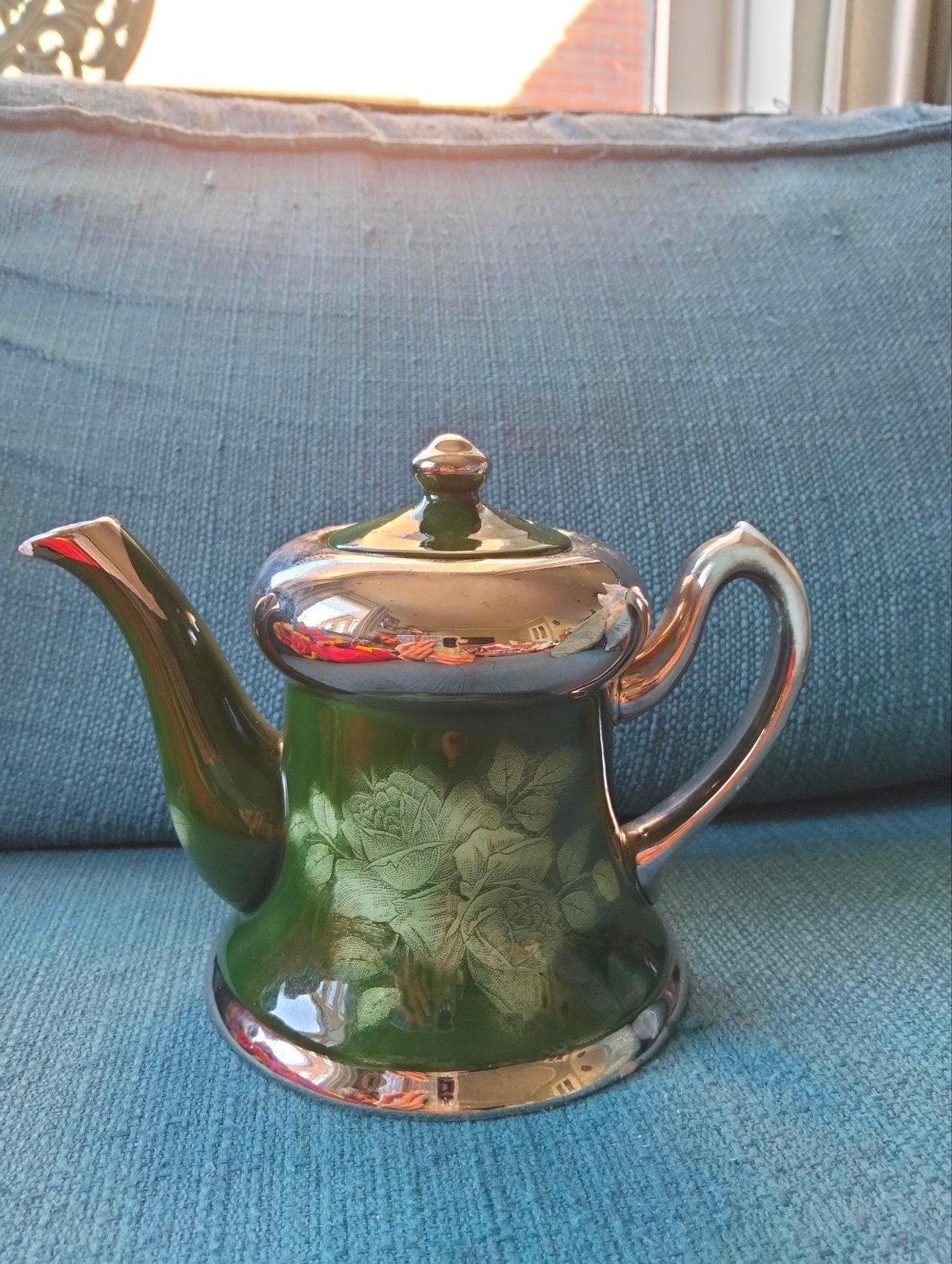 Vintage Art Deco Theepot, Boch Frères Keramis, groen/ zilver, Antiek en Kunst, Ophalen
