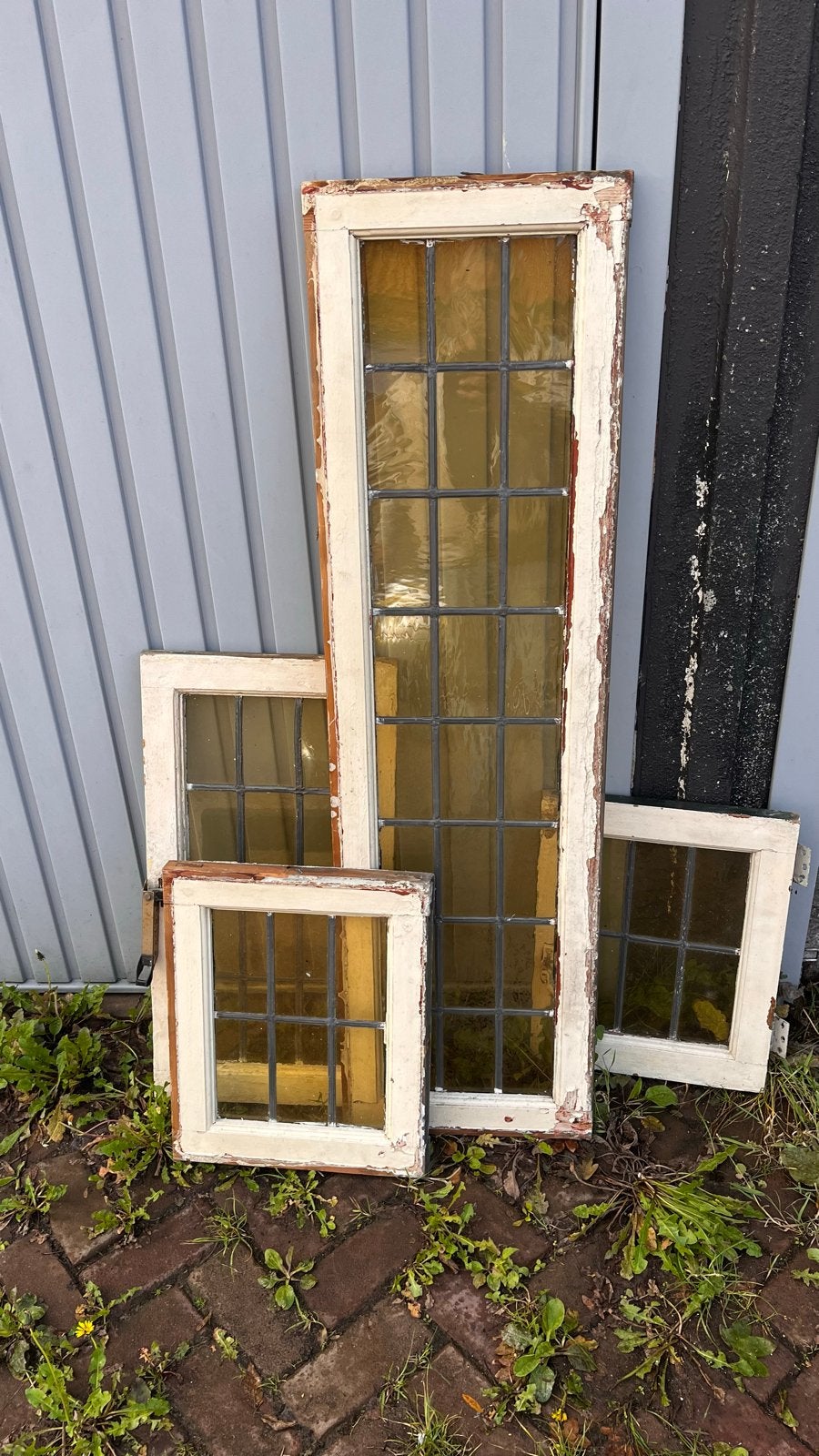 Set van 4 Antieke Glas in Lood Ramen, Doe-het-zelf en Verbouw, Glas en Ramen, Gevelraam of Ruit, Gebruikt, Minder dan 80 cm, Glas in lood