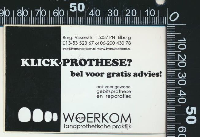 Sticker: Van Woerkom Tandprothetische Paraktijk - Tilburg, Ophalen of Verzenden, Zo goed als nieuw, Bedrijf of Vereniging