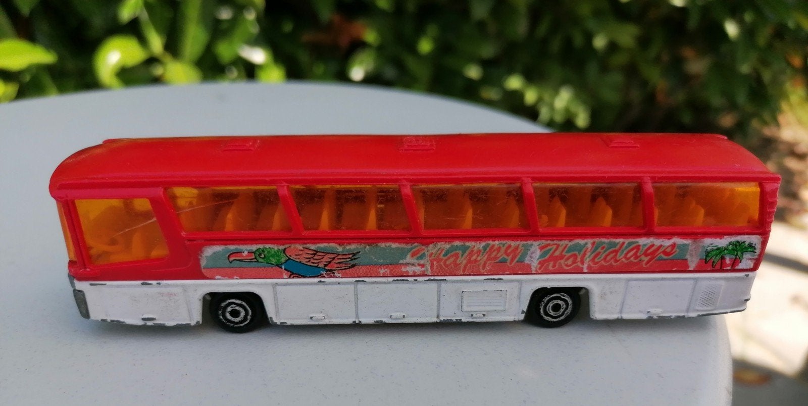 Vintage Majorette Happy Holidays Bus Rood/Wit, Ophalen of Verzenden, Gebruikt, Auto, Overige merken
