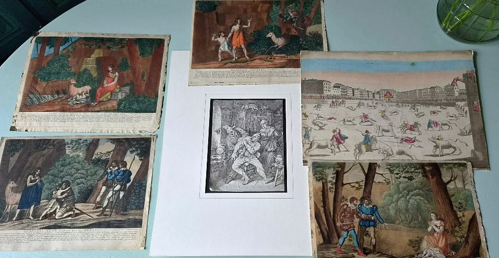 Collectie oud gekleurde meesterdrukken , 17e /18e eeuw, Ophalen of Verzenden, Mythologie, Gravure, Gesigneerd