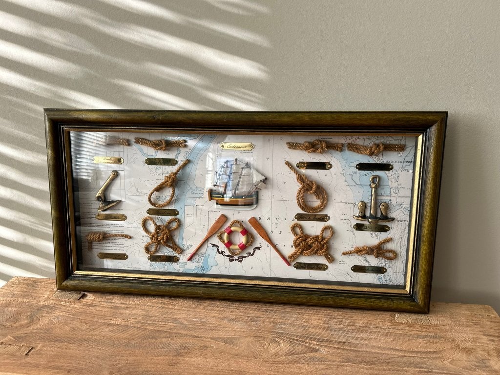 Nautische knopenlijst in lijst - Vintage wanddecoratie, Huis en Inrichting, Ophalen, Gebruikt, Hout, Vintage