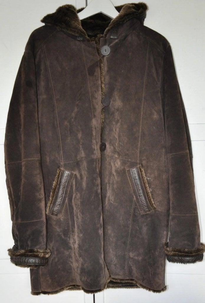 Leren dames suede jas met bontkraag/capuchon bruin mt.40 XL, Bruin, Maat 46/48 (XL) of groter, Ophalen of Verzenden, Zo goed als nieuw