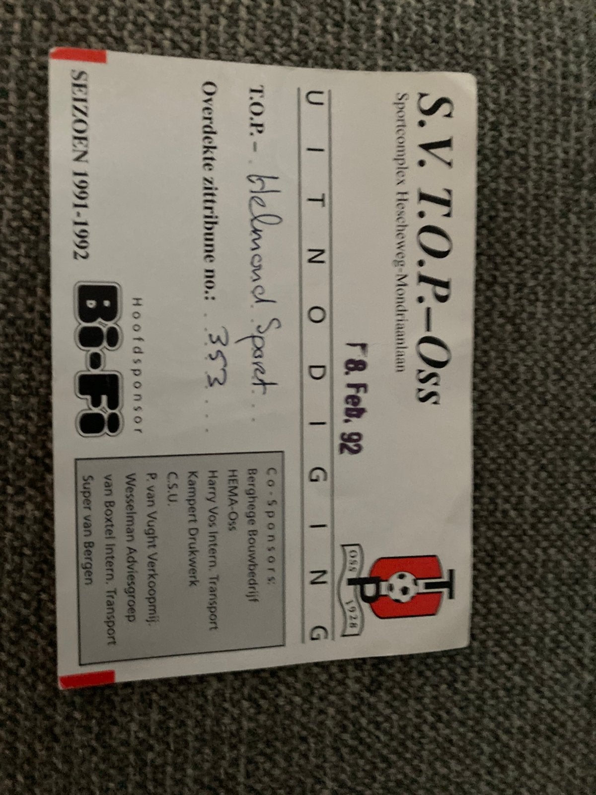 UITNODIGINGS TICKET SV TOP OSS-HELMOND SPORT 91-92, Ophalen of Verzenden, Zo goed als nieuw, Overige binnenlandse clubs, Overige typen