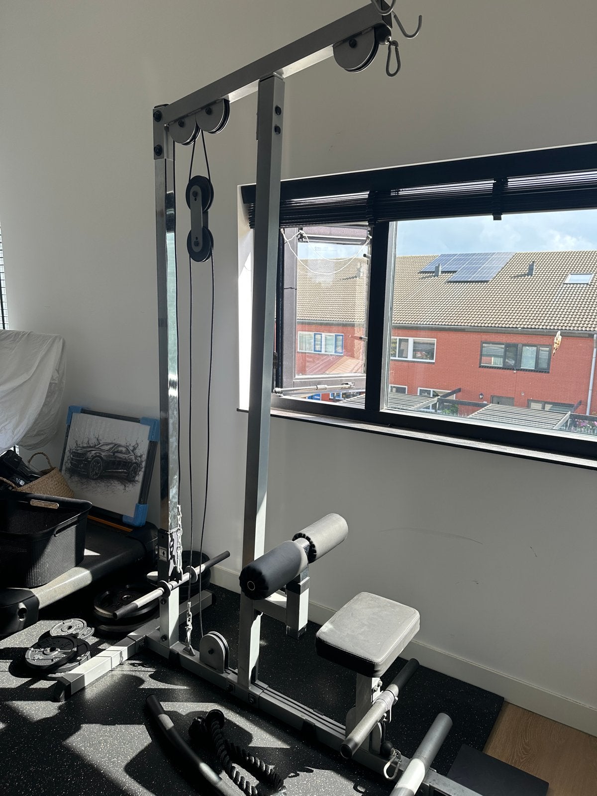 Krachtstation met gewichten en accessoires rugmachine, Sport en Fitness, Ophalen, Gebruikt, Benen, Halterschijven