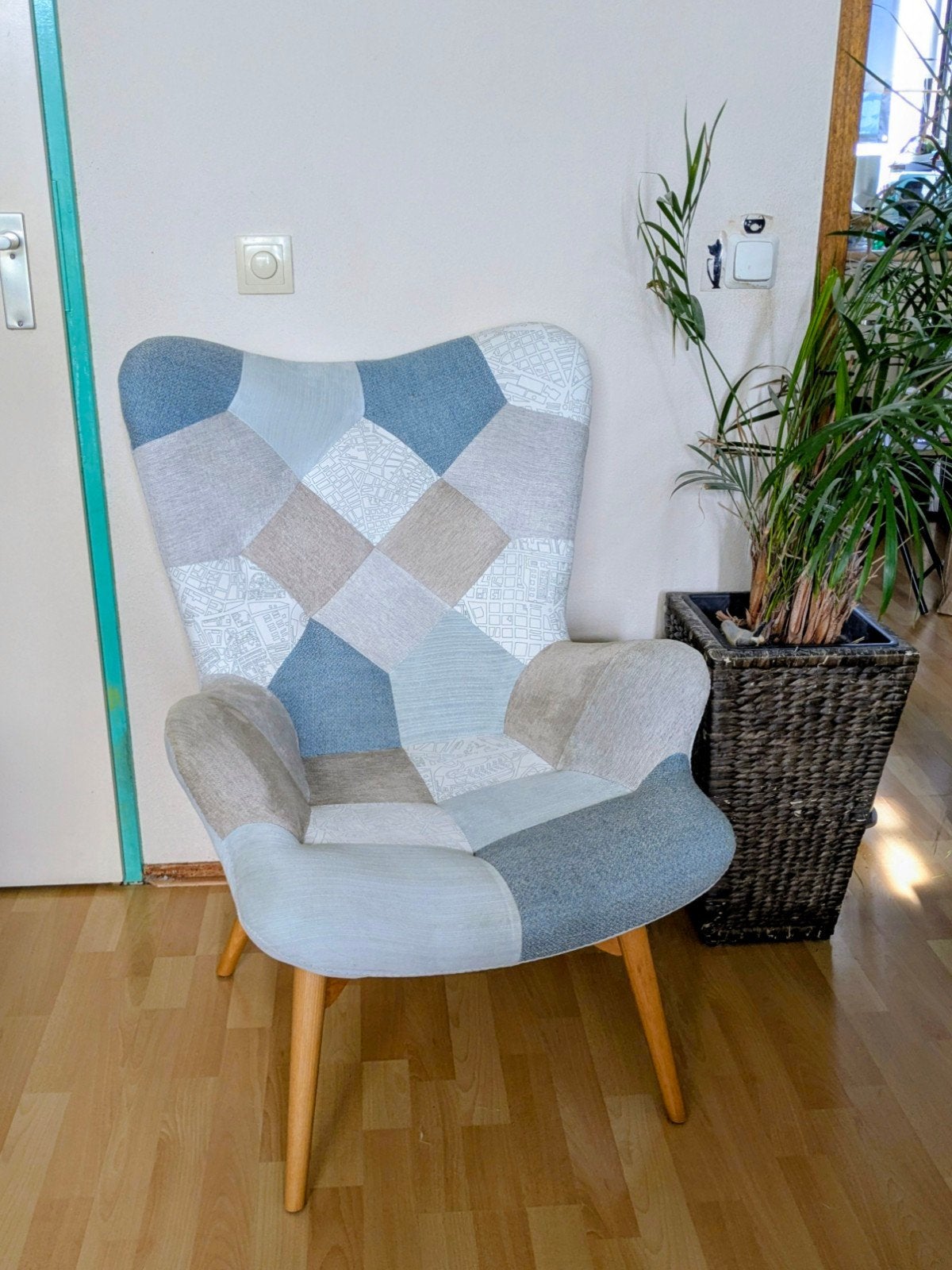 Patchwork stoel in Scandinavische stijl, Huis en Inrichting, Fauteuils, Ophalen, Gebruikt, Minder dan 75 cm, Scandinavisch