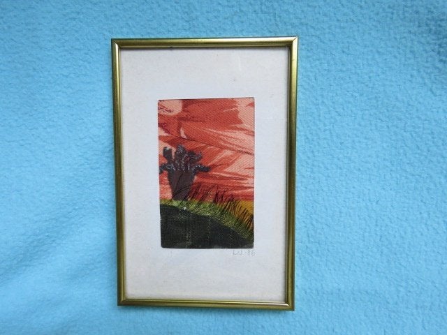 Kunstwerkje van stof in herfstkleuren in goudkleurig lijstje, Ophalen of Verzenden