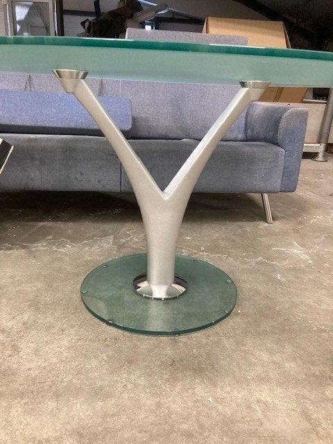eettafel glas rond model getint glas met RVS poot ALS NIEUW, Rond, Ophalen of Verzenden, Vier personen, 100 tot 150 cm