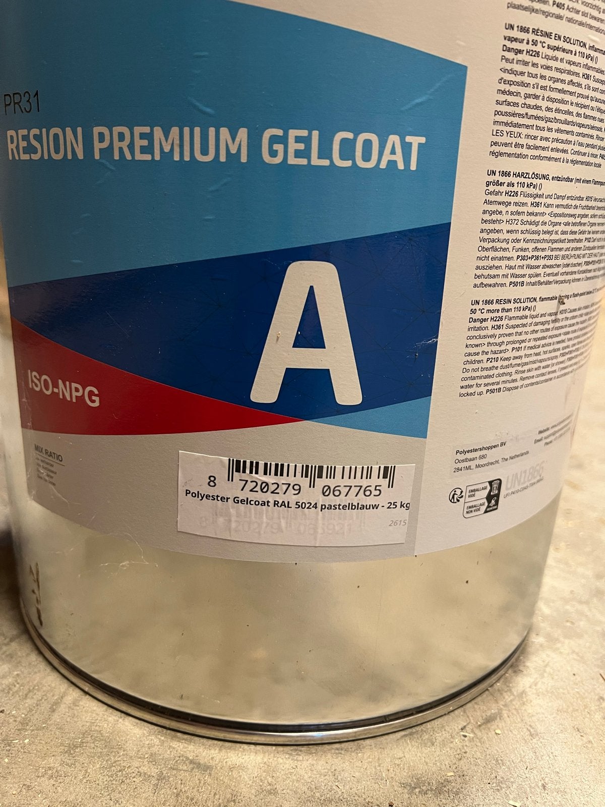 Resion Premium Gelcoat RAL 5024 pastelblauw - 25 kg, Doe-het-zelf en Verbouw, Verf, Beits en Lak, Ophalen, Blauw, Nieuw, Verf