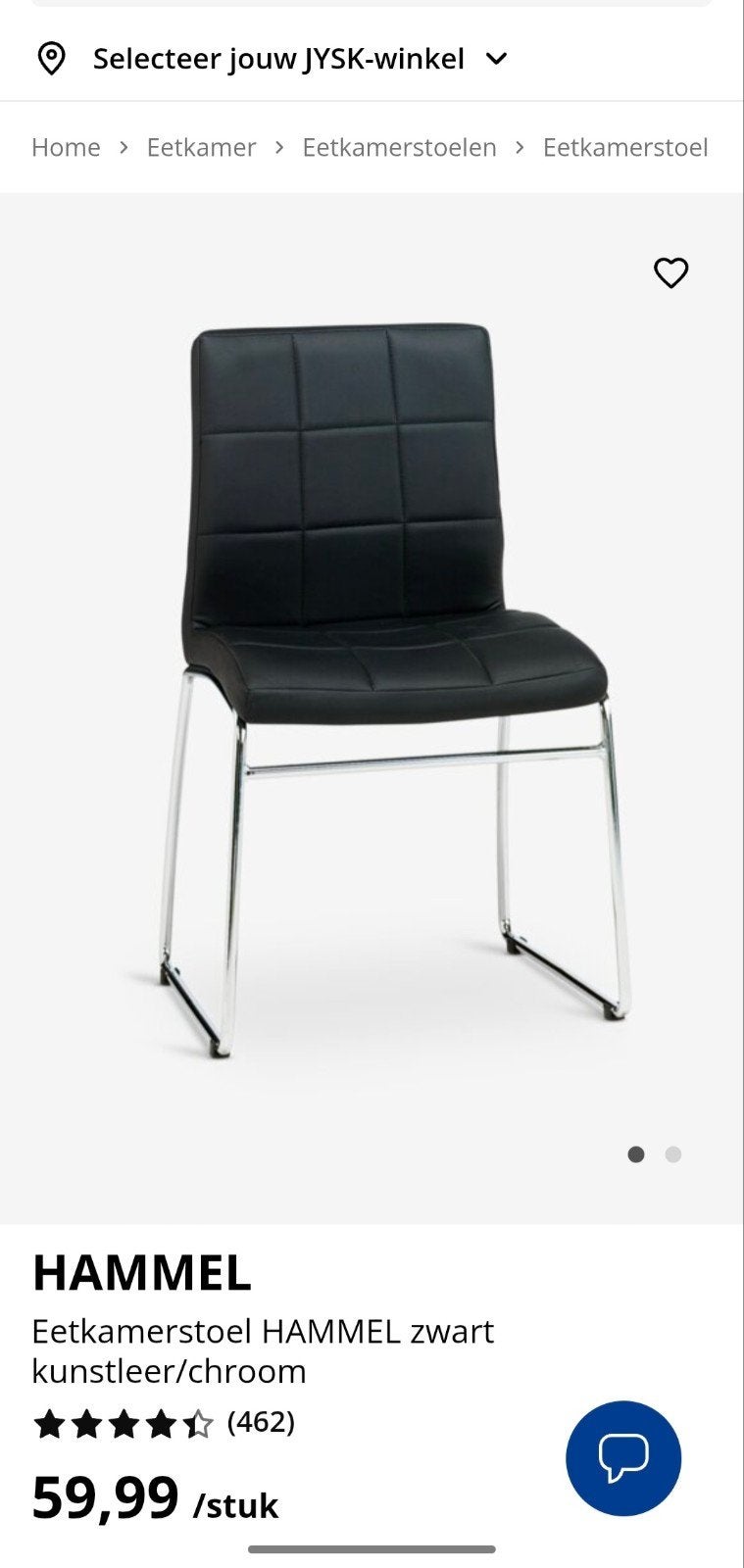 4x JYSK HAMMEL eetkamerstoelen - Zo goed als nieuw, Ophalen of Verzenden, Zo goed als nieuw, Zwart, Vier