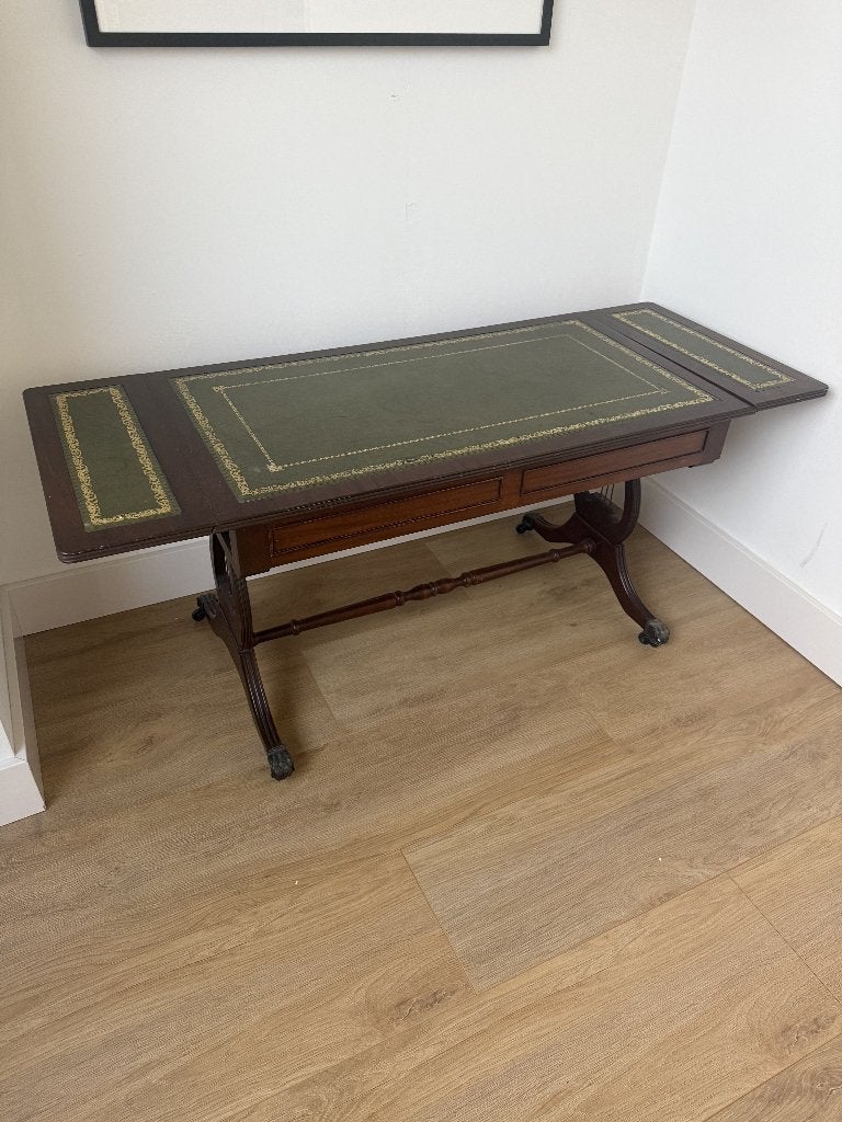 Antieke bijzettafel 90/128 x 50cm met groen leer, Antiek en Kunst, Ophalen