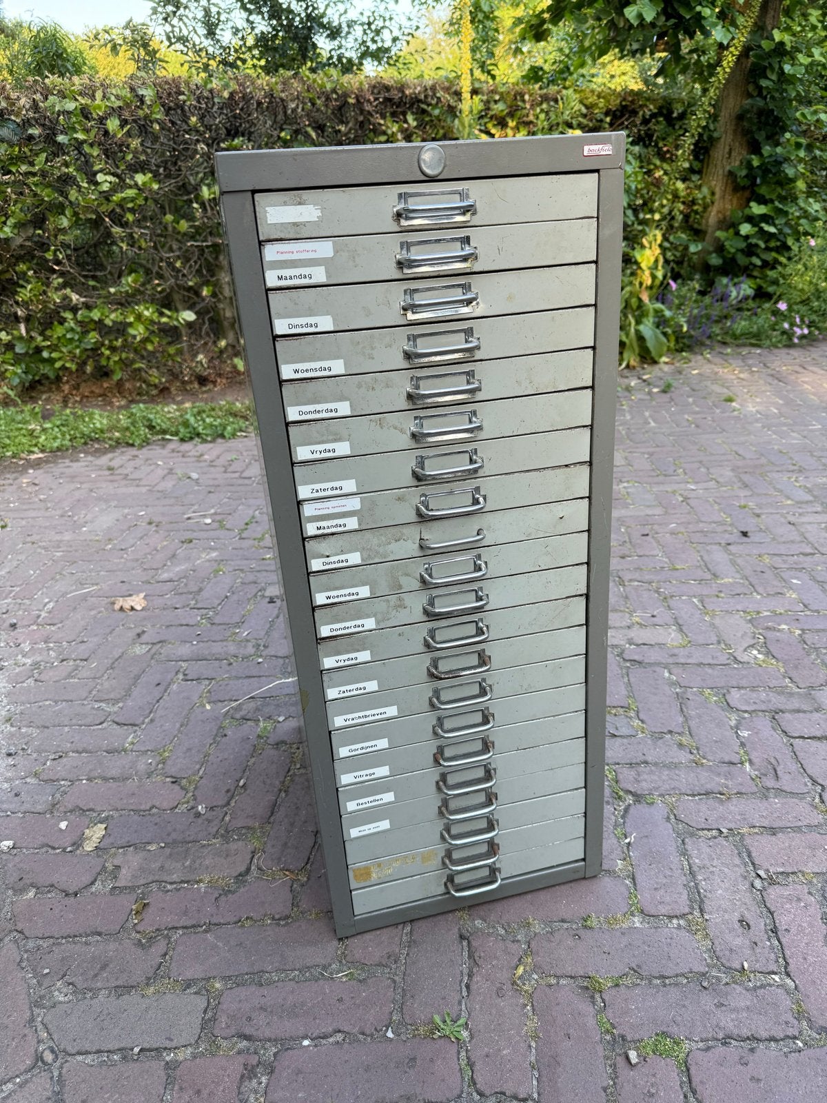 Vintage Backfield archiefkast met 21 laden, Ophalen, Minder dan 50 cm, Gebruikt, Industrieel, vintage