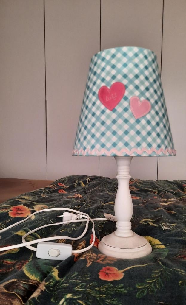 Lief! lampje blauw wit geruit met roze hartjes 38 cm hoog, Ophalen, Gebruikt, Lamp