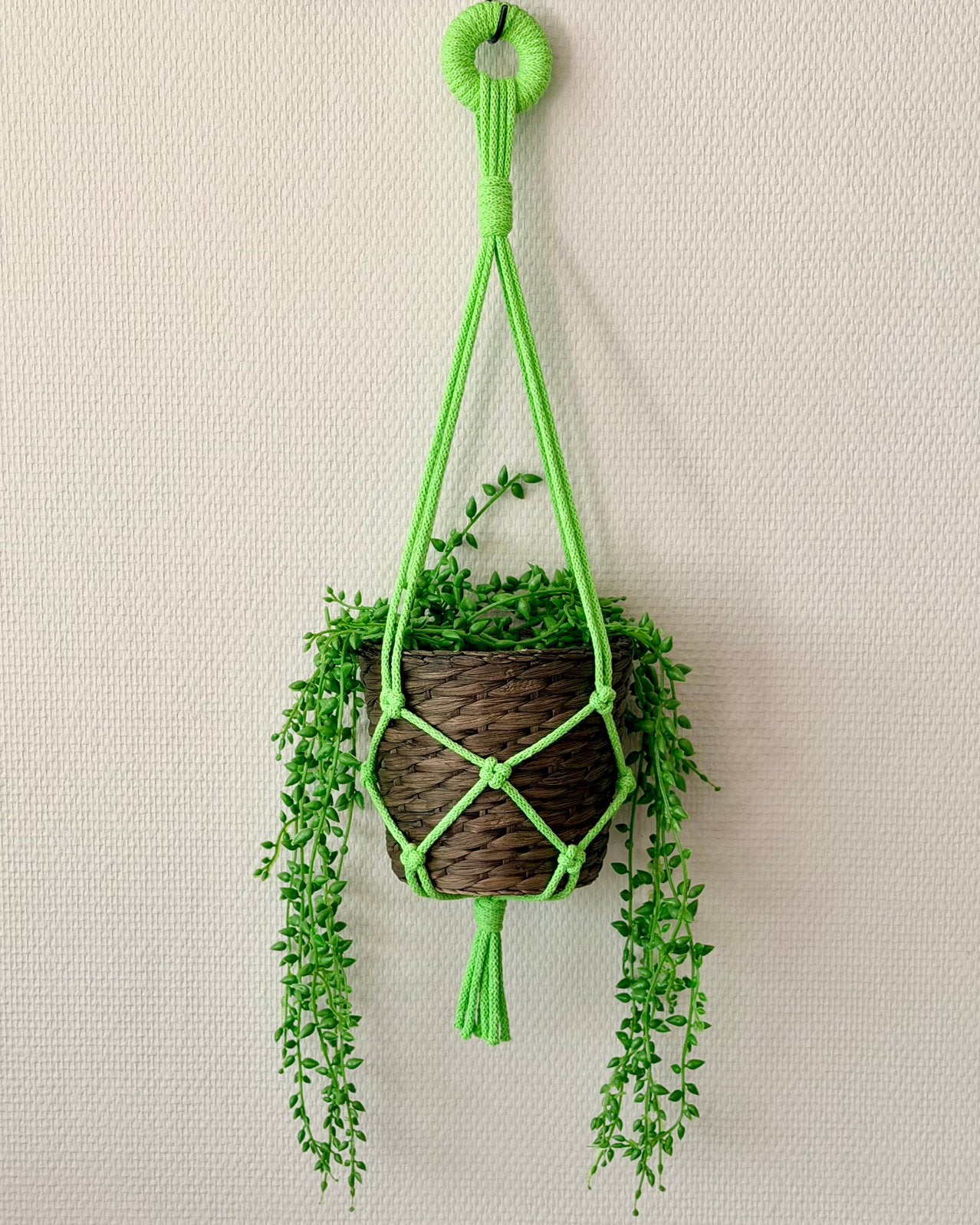 Groene plantenhanger - macramé/handgemaakt - 60 cm, Groen, Nieuw, Ophalen of Verzenden, Modern