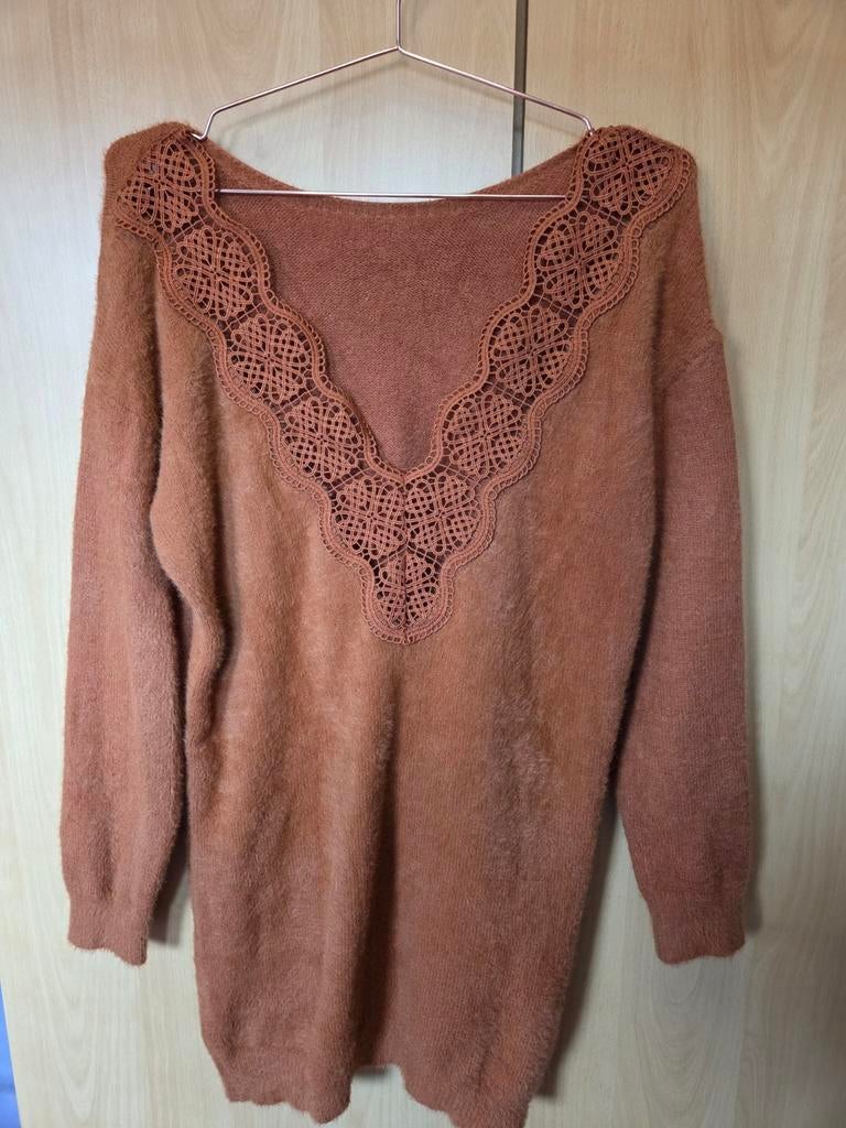 Lange trui/jurk zachte fluffy stof roestbruin, Verzenden, Maat 42/44 (L), Gedragen, Vintage Dressing
