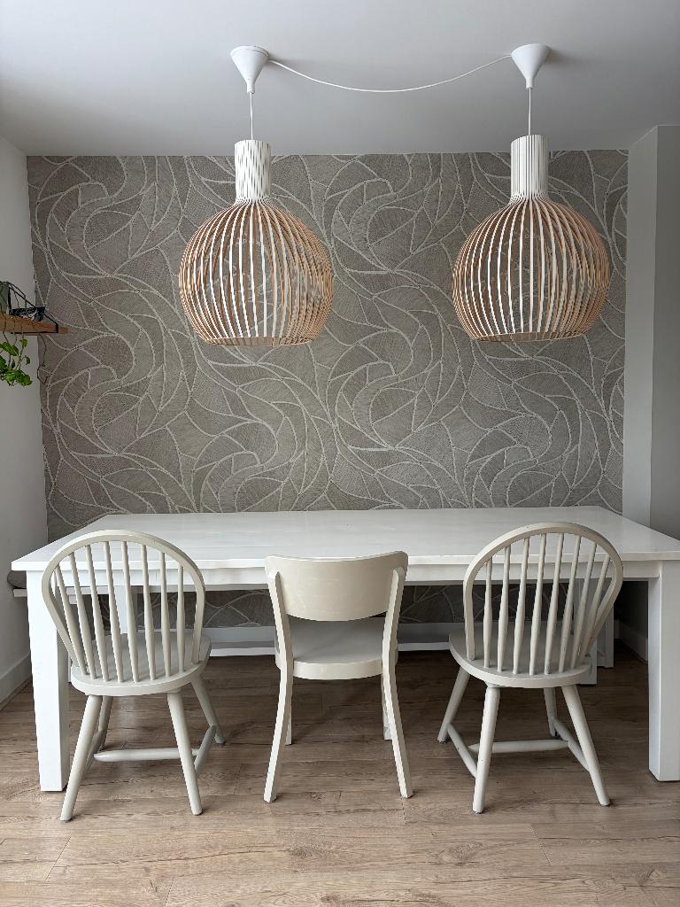 Houten eettafel met bankje en 3 stoelen, Huis en Inrichting, Ophalen, Gebruikt, 200 cm of meer, 50 tot 100 cm