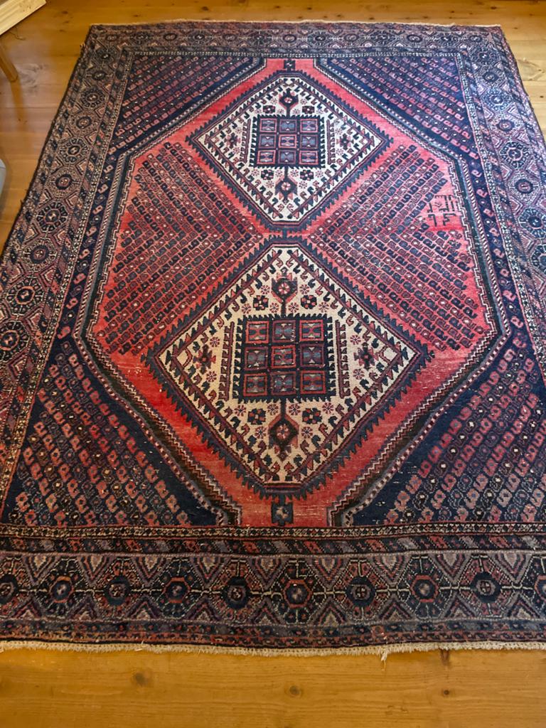 Vintage Perzisch tapijt, handgeknoopt, rood/blauw, Ophalen, 100 tot 150 cm, 200 cm of meer, Zo goed als nieuw