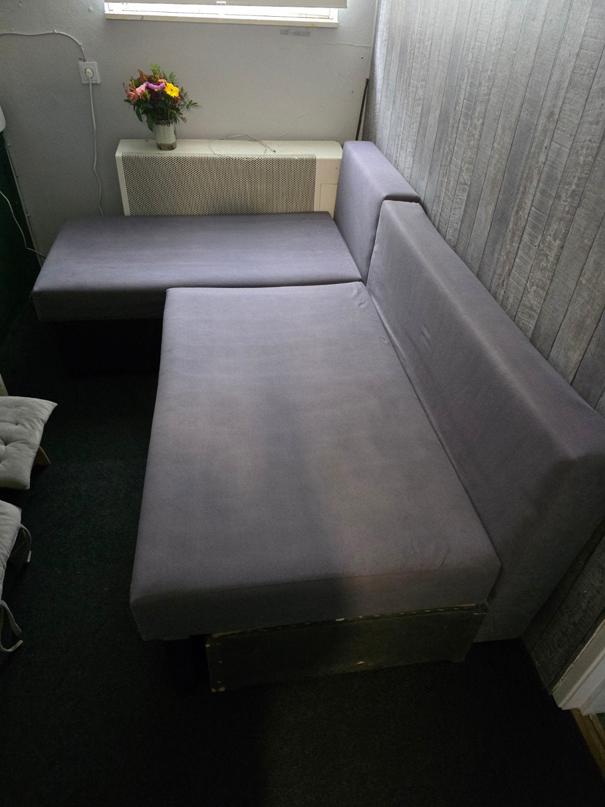 Grijze uitschuifbare hoekbank - Ophalen, Ophalen, Gebruikt, 125 tot 150 cm, 150 tot 200 cm