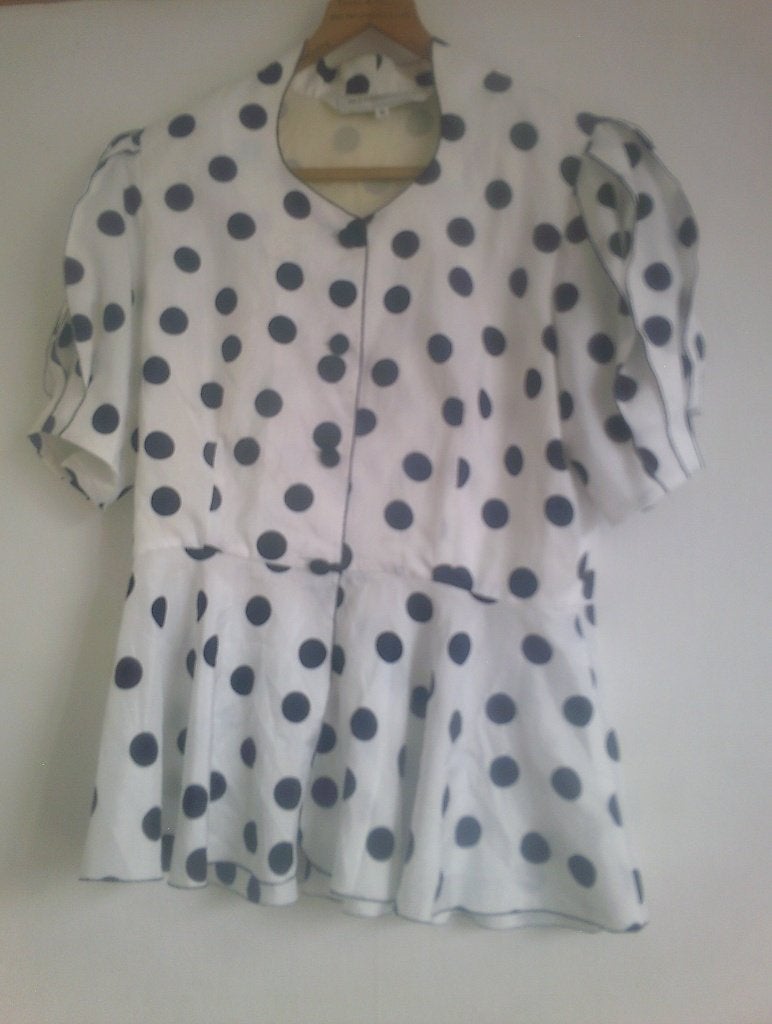 Vintage blauwe polkadot witte blouse (mt M), Verzenden, Zo goed als nieuw, Maat 38/40 (M), Wit
