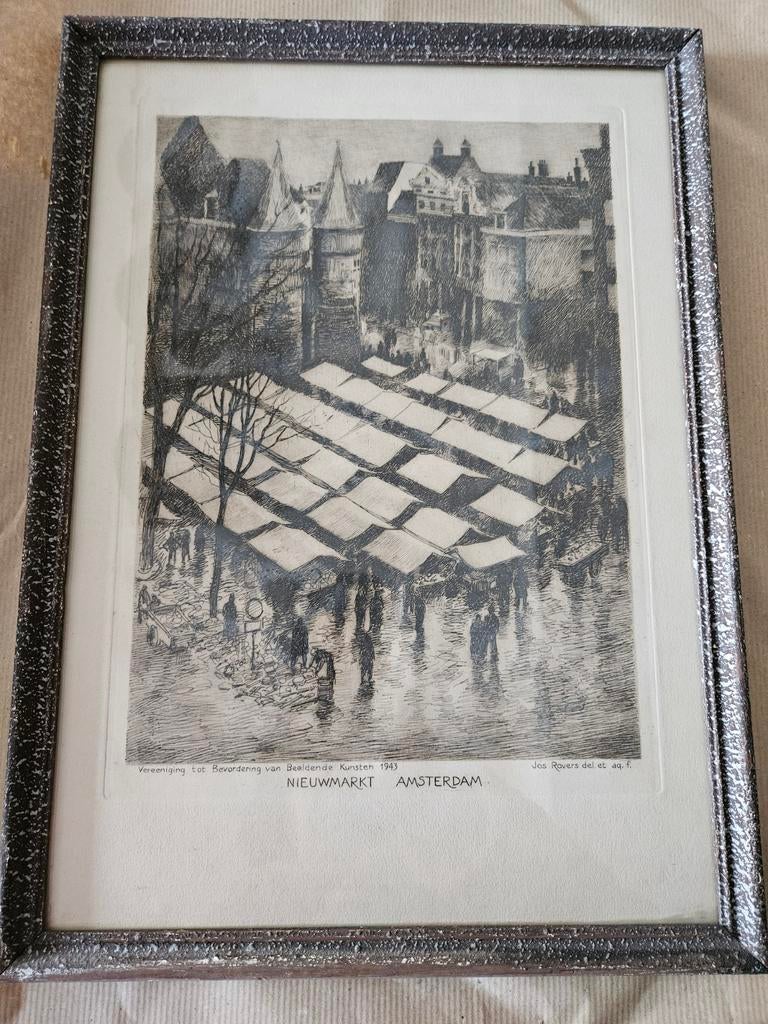 Historische ets van de Nieuwmarkt 1943 van Jos Rovers, Antiek en Kunst, Ophalen